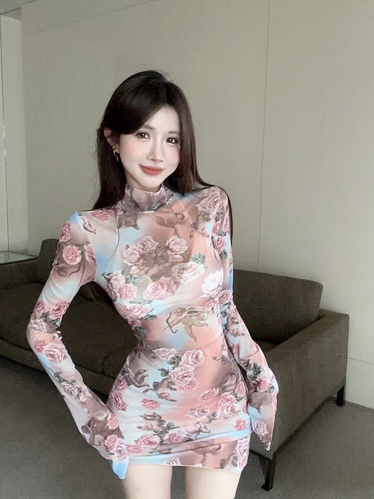 名媛性感包臀短裙立领透视印花长袖收腰修身显身材气质碎花连衣裙