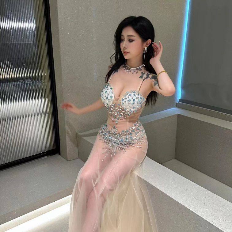 夜场性感连衣裙惊艳高级名媛御姐公主风仙女裙鱼尾纱裙性感全透视