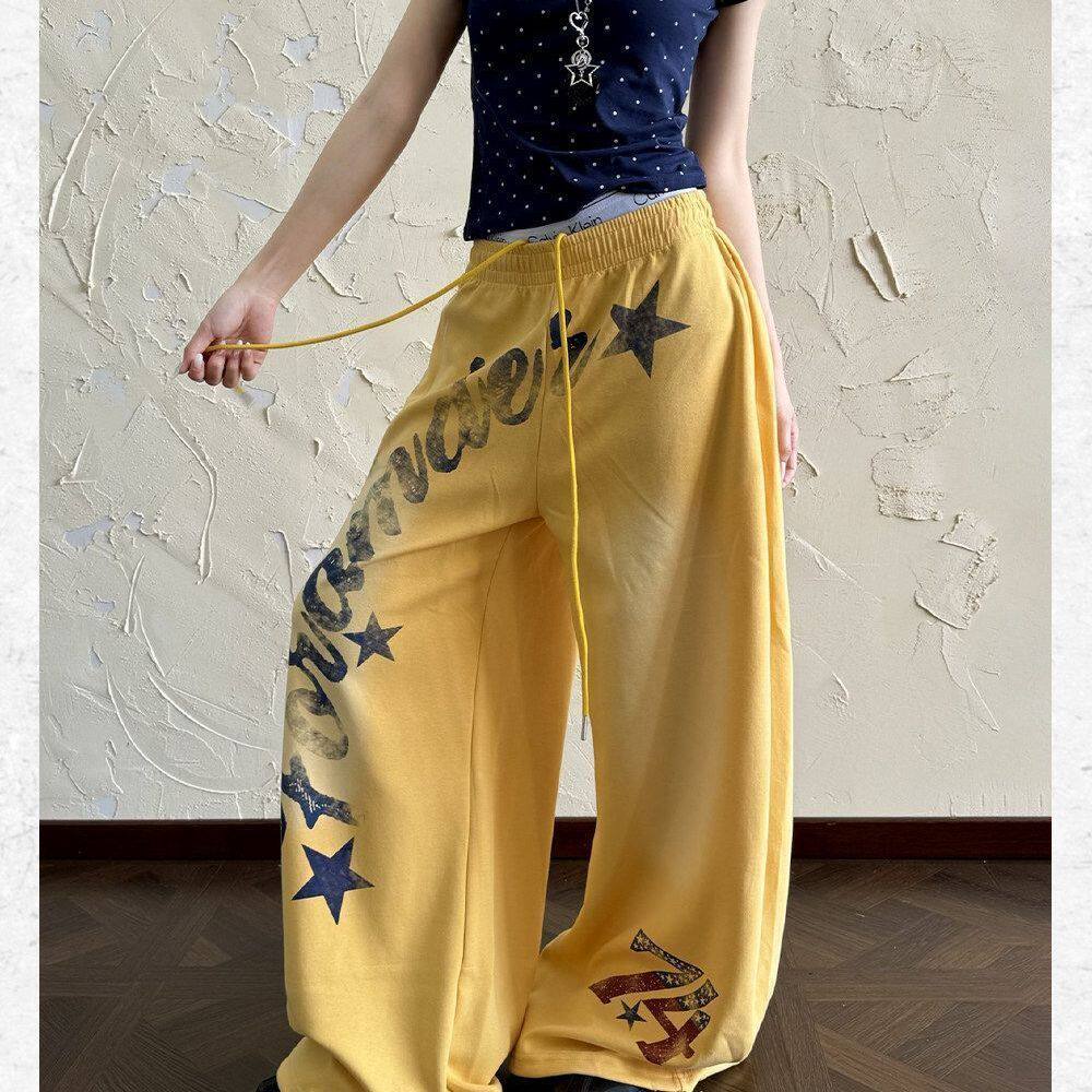 多巴胺穿搭夏季印花字母黄色休闲休闲裤