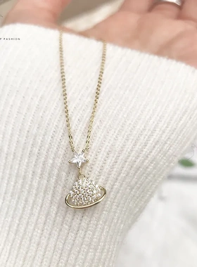 新哲美 S925纯银镀14K金色星空宇宙项链女 简约气质百搭锁骨项链