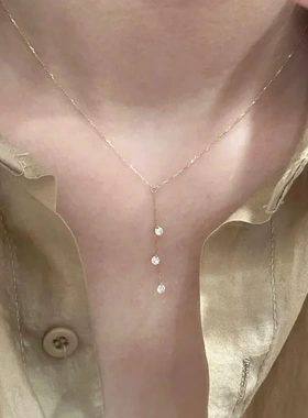 【寻光】S925通体纯银镀金锆石项链女超闪简约精致长款吊坠锁骨链