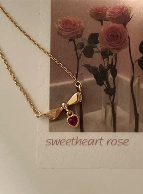 心飞翔~S925纯银镀金日式轻奢甜美蝴蝶结爱心项链小巧精致锁骨链