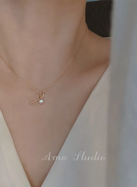 音乐符号S925银镀18K金珍珠吊坠项链女款线条极简风叠戴直播供货