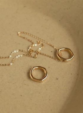 圆满~S925银镀14K金 luck圆环吊坠锁骨链项链小挂坠 光面圆圈