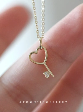 925纯银镀14K黄金项链 暖萌小心心爱心钥匙镶钻迷你吊坠女礼物