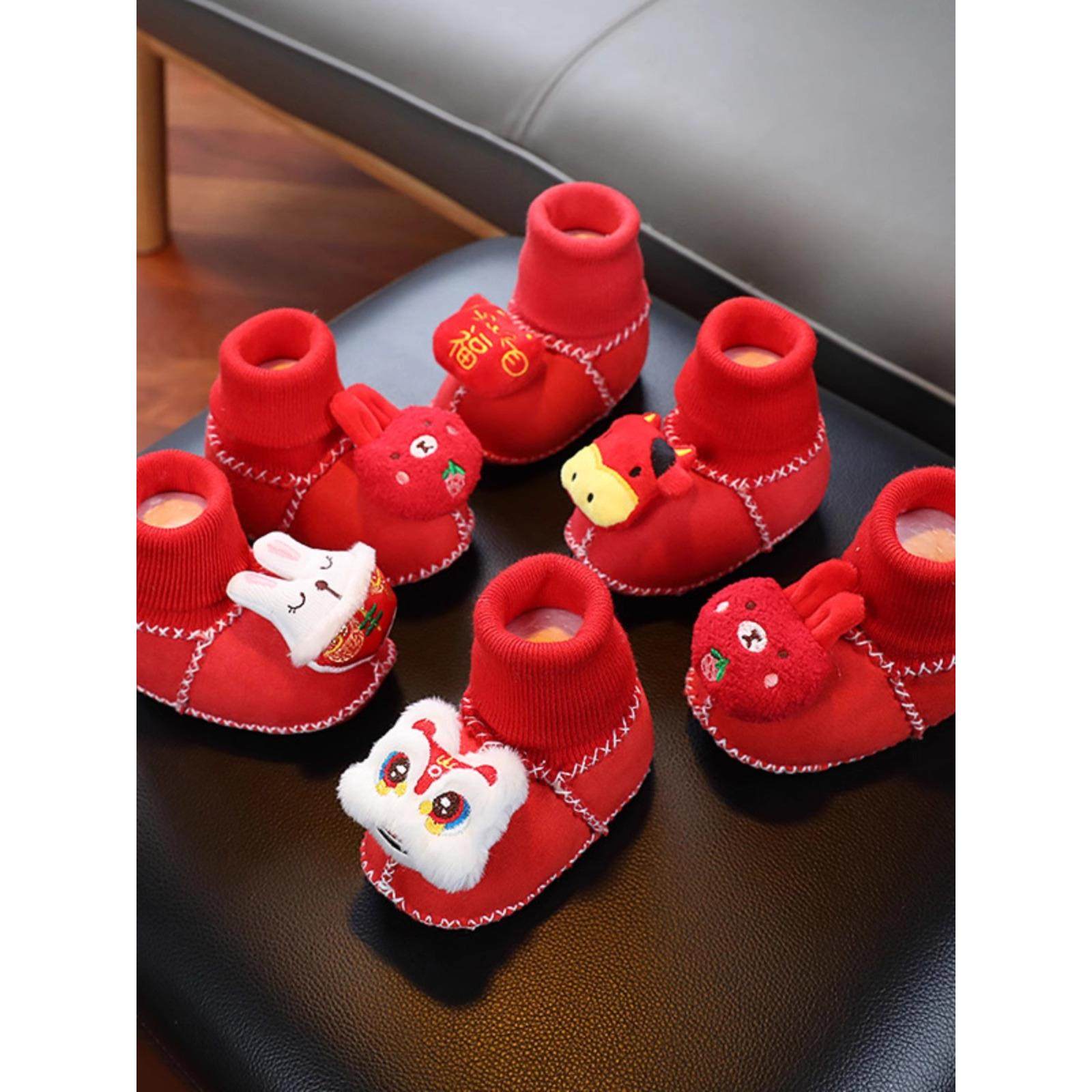 新年婴儿袜鞋子大红色新年满月宝宝保暖秋冬款加绒厚软底步前鞋袜