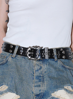 金属复古erd黑色铆钉雕花暗黑风皮带设计感thug朋克风y2k配饰腰带