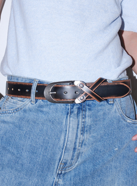 擦色做旧异型交叉黄牛皮腰带小众设计废土风男女同款棕色牛仔皮带