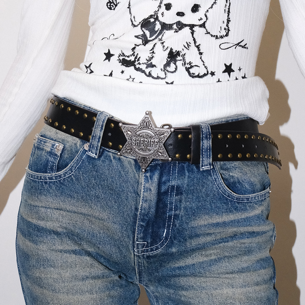 Darkblue男女铆钉合金西部腰带