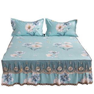 全棉加厚床裙单件纯棉双人床罩1.8x2.2m席梦思防滑罩 三件套