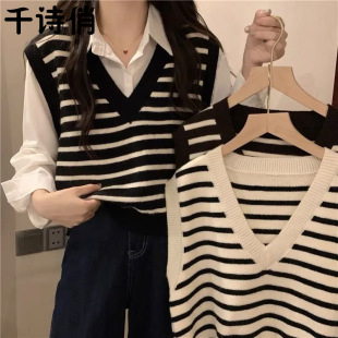 黑白条纹v领坎肩叠穿马甲背心针织衫 宽松上衣潮 女秋季 2025年新款