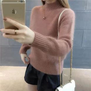 仿水貂绒新款针织衫女半高领秋冬季新款宽松套头打底衫毛衣潮