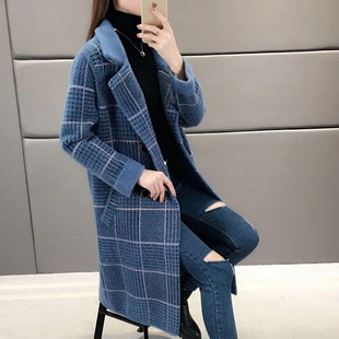加厚仿水貂绒外套女新款中长款毛衣开衫秋冬宽松仿貂毛格子大衣女