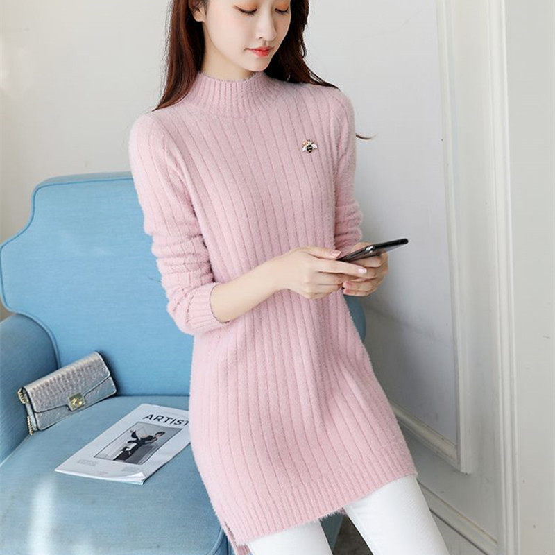 仿水貂绒秋冬新款套头宽松毛衣女中长款打底针织衫女半高领内搭