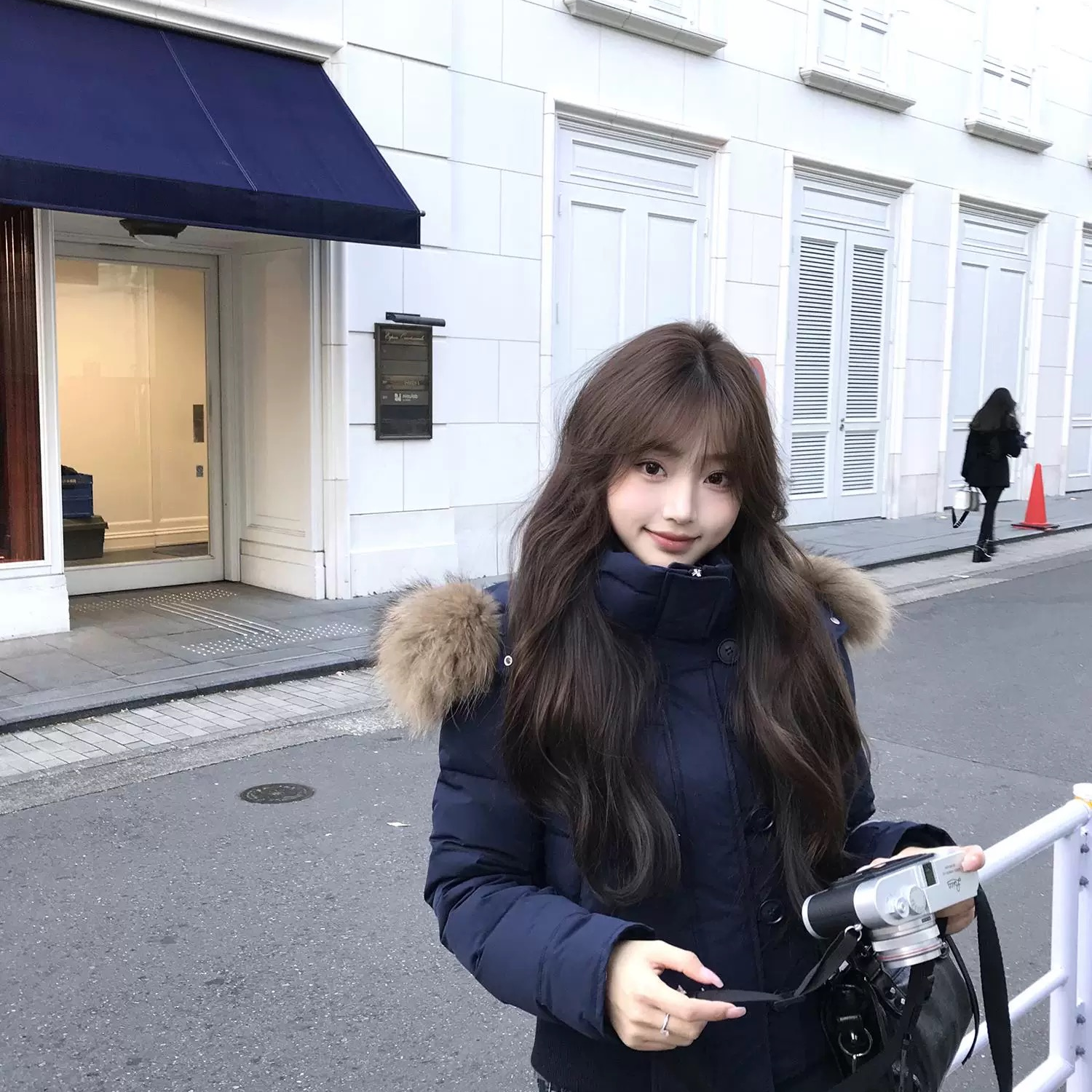 初梦POKEMENG 藏青连帽毛领棉服外套女冬季新款短款羽绒服领棉服