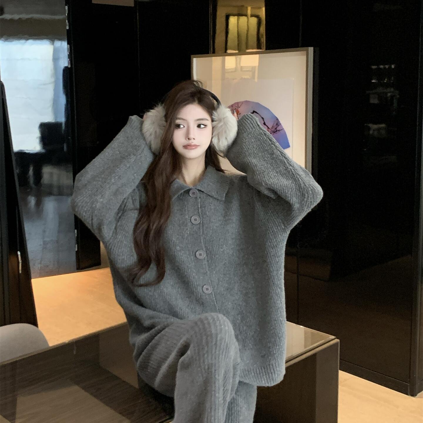 实拍实价 冬季保暖松驰感翻领针织毛衣女慵懒穿搭休闲阔腿裤套装