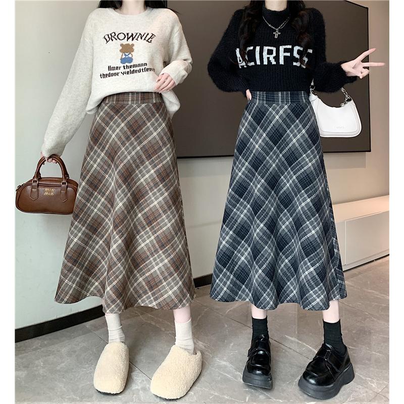 实拍大码胖MM冬季韩版毛呢高腰长裙chi格子中长半身裙女