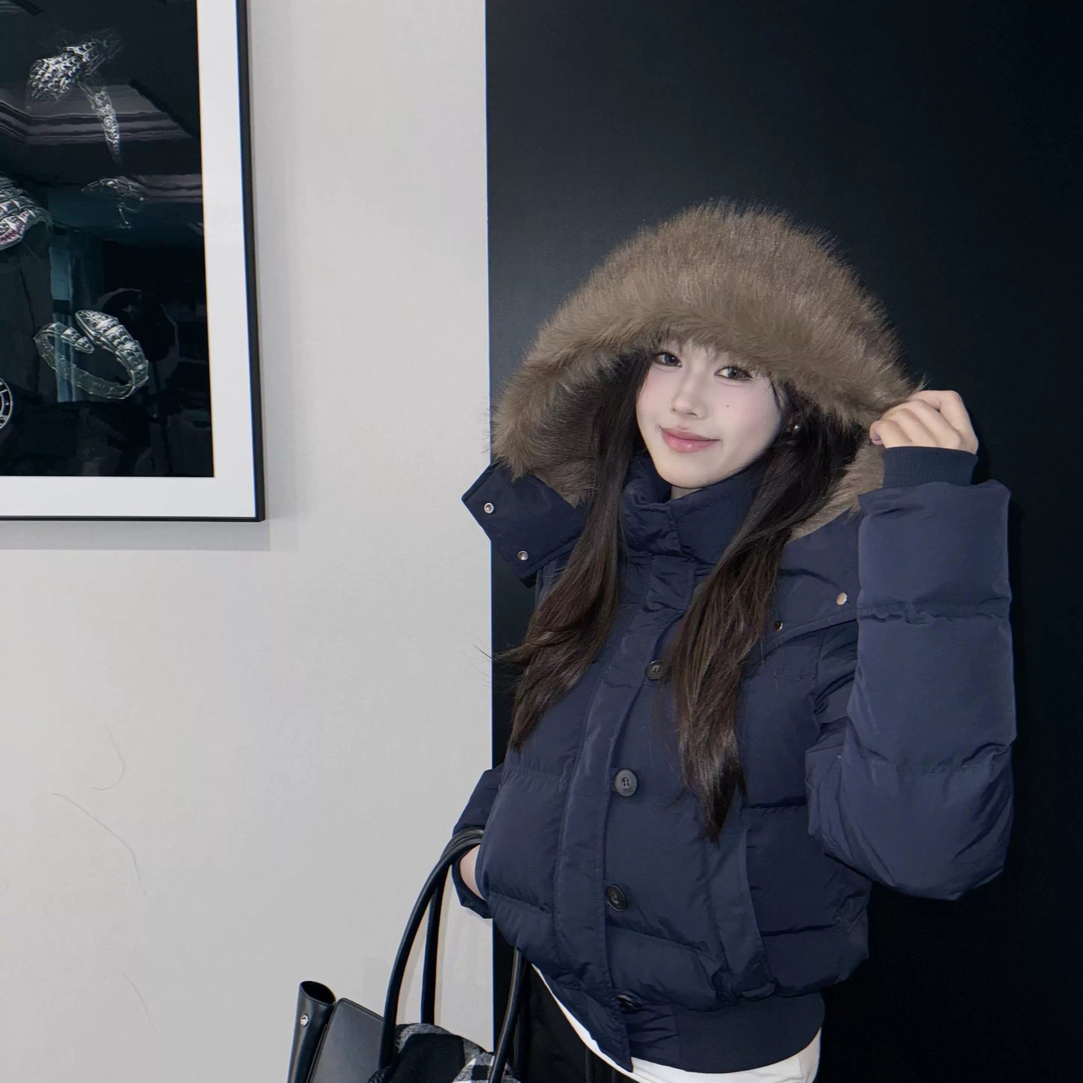 aassss 菲奥娜 三星90安心绒 藏青加厚羽绒服外套女短款冬季毛领