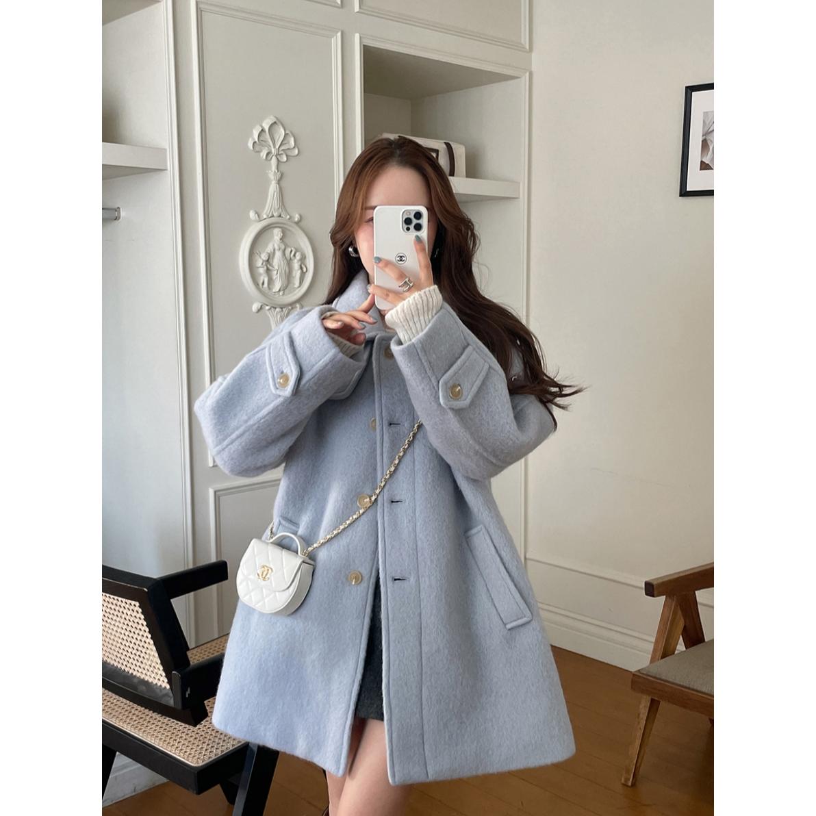 chic 韩系温柔气质法式甜美高级感别致翻领加厚毛呢大衣外套