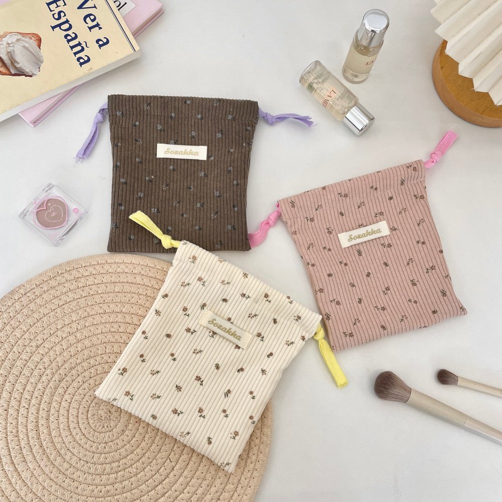 新款时尚小清新甜美灯芯绒碎花收纳袋杂物迷你化妆品零钱抽绳束口