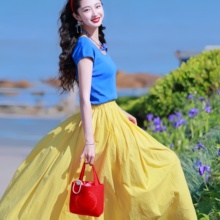 2025超火两件套夏装绝美小裙子蓝色针织T恤多巴胺海边度假两件套
