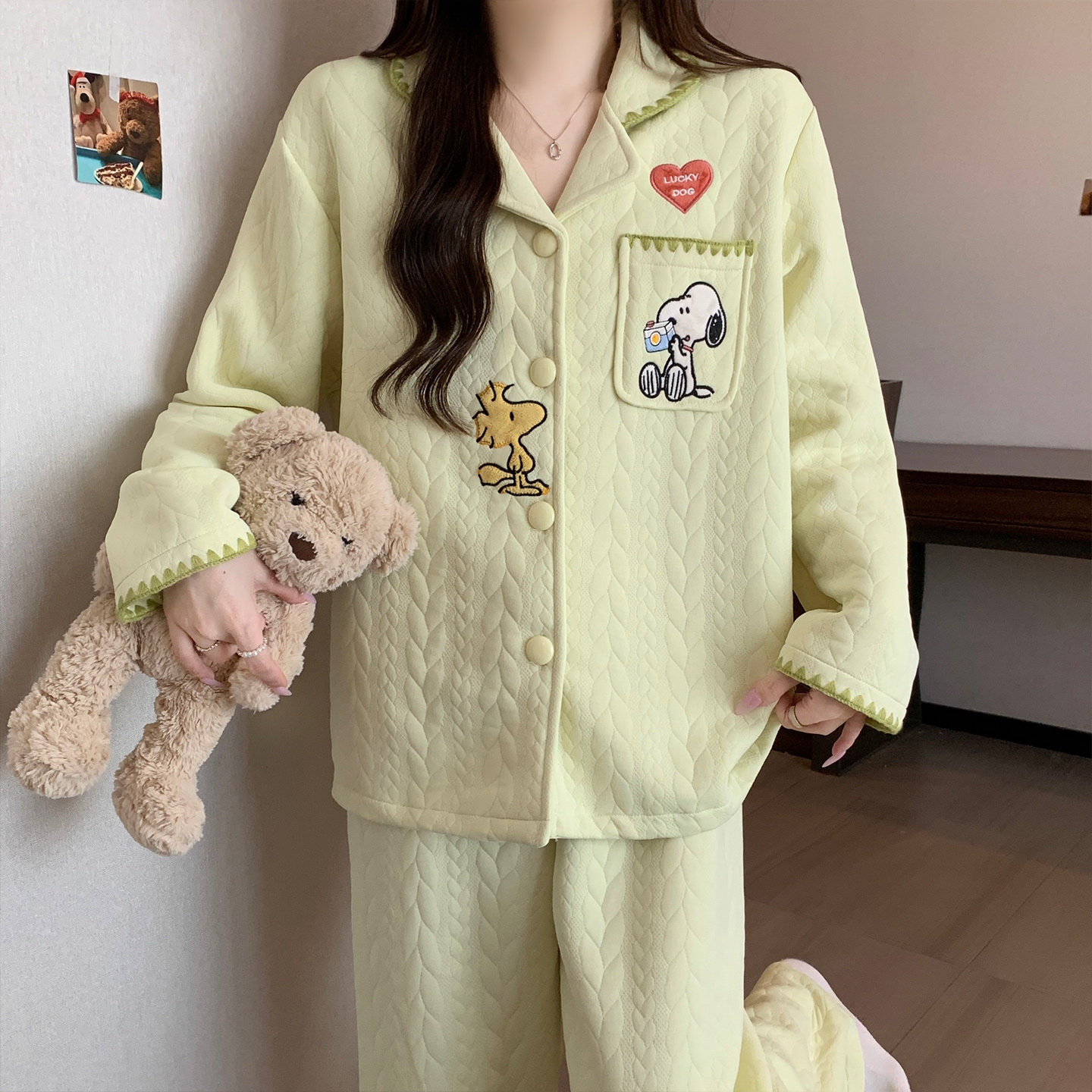 空气棉夹层长袖睡衣女2026新款秋冬季可爱卡通可外穿的家居服套装