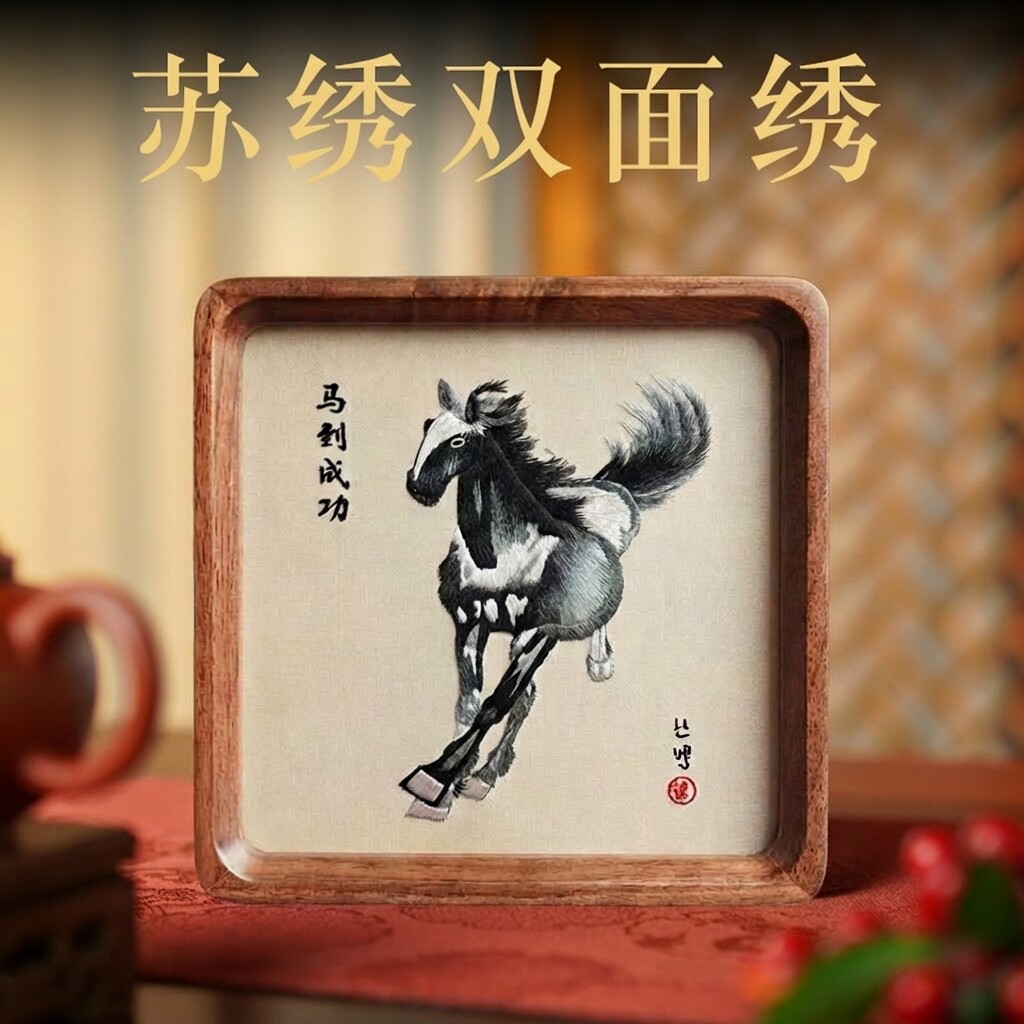 苏绣马年摆件手工双面绣摆台台屏中国特色刺绣商务礼品送老外便携