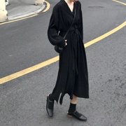 Áo dài mùa xuân và mùa thu dài tay nữ phiên bản Hàn Quốc của phong cách retro sang trọng retro Hong Kong hương đen thắt lưng váy dài áo sơ mi - Váy eo cao