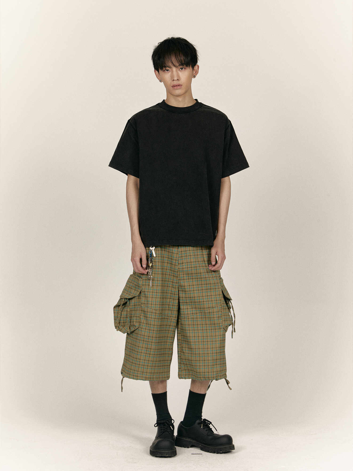 KOTAE 24SS VINTAGE HARAJUKU CHECK CROPPED PANTS LARGE POCKET CASUAL PANTS CARGO PANTS WIDE LEG MENS AND WOMENS FASHION ORIGINAL