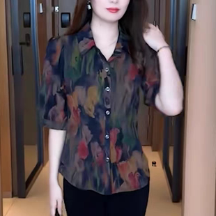 2025夏季新款印花衬衫女洋气宽松遮肚子薄款漂亮小衫妈妈装上衣女