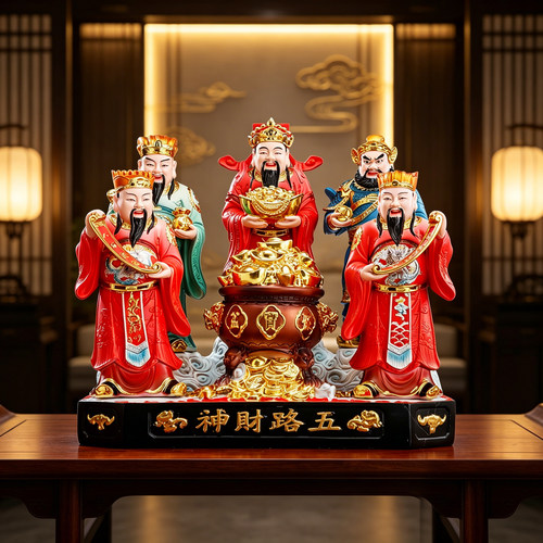 树脂彩绘五路财神像摆件招财装饰