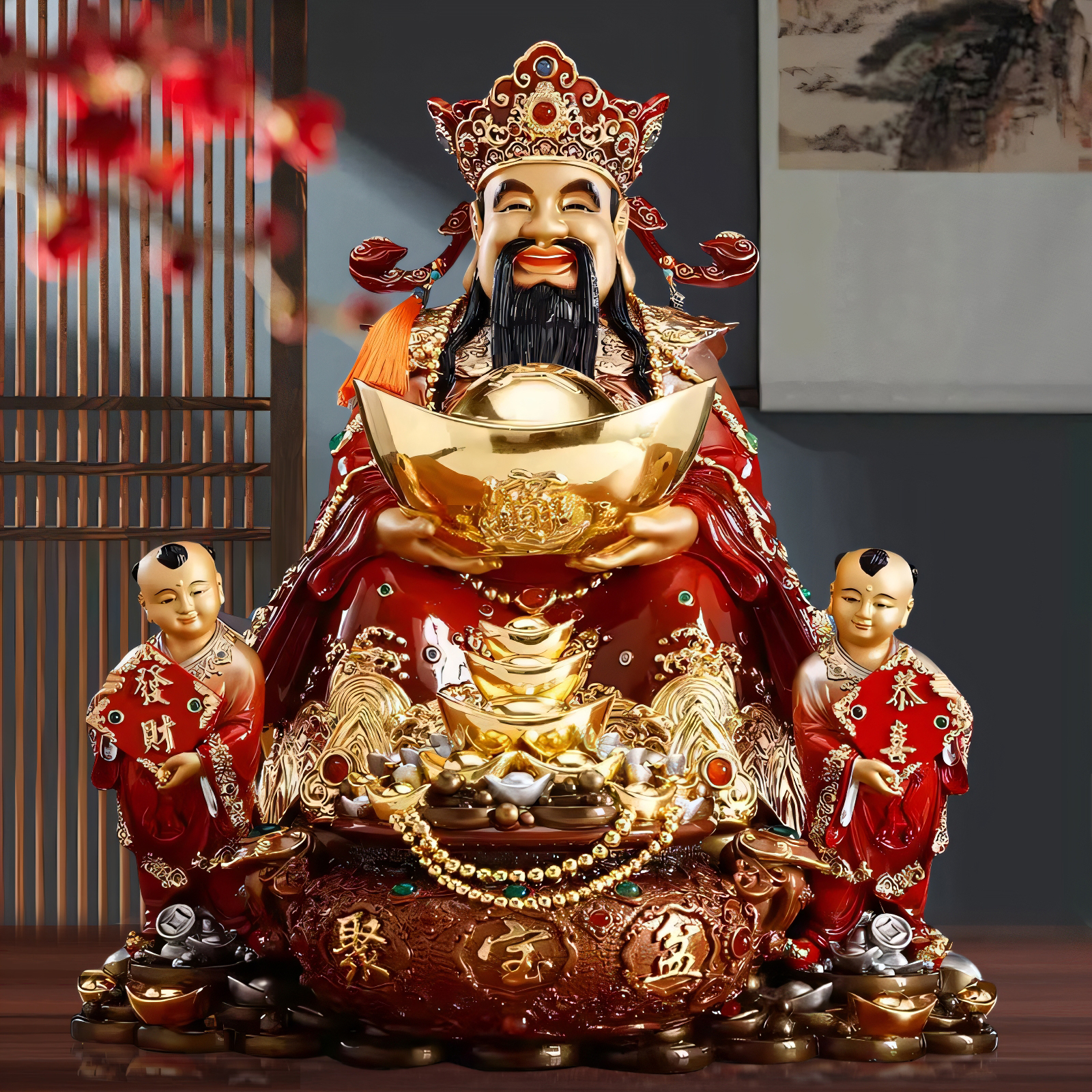 纯铜彩绘财神爷佛像店铺开业恭喜发财摆件招财童子文财神像办公室