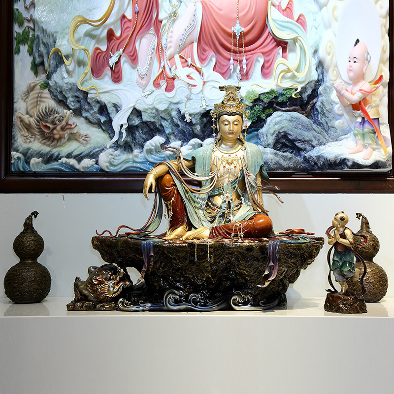 禅意观音摆件全铜水月观音雕像供奉家用客厅国风艺术品大观音佛像