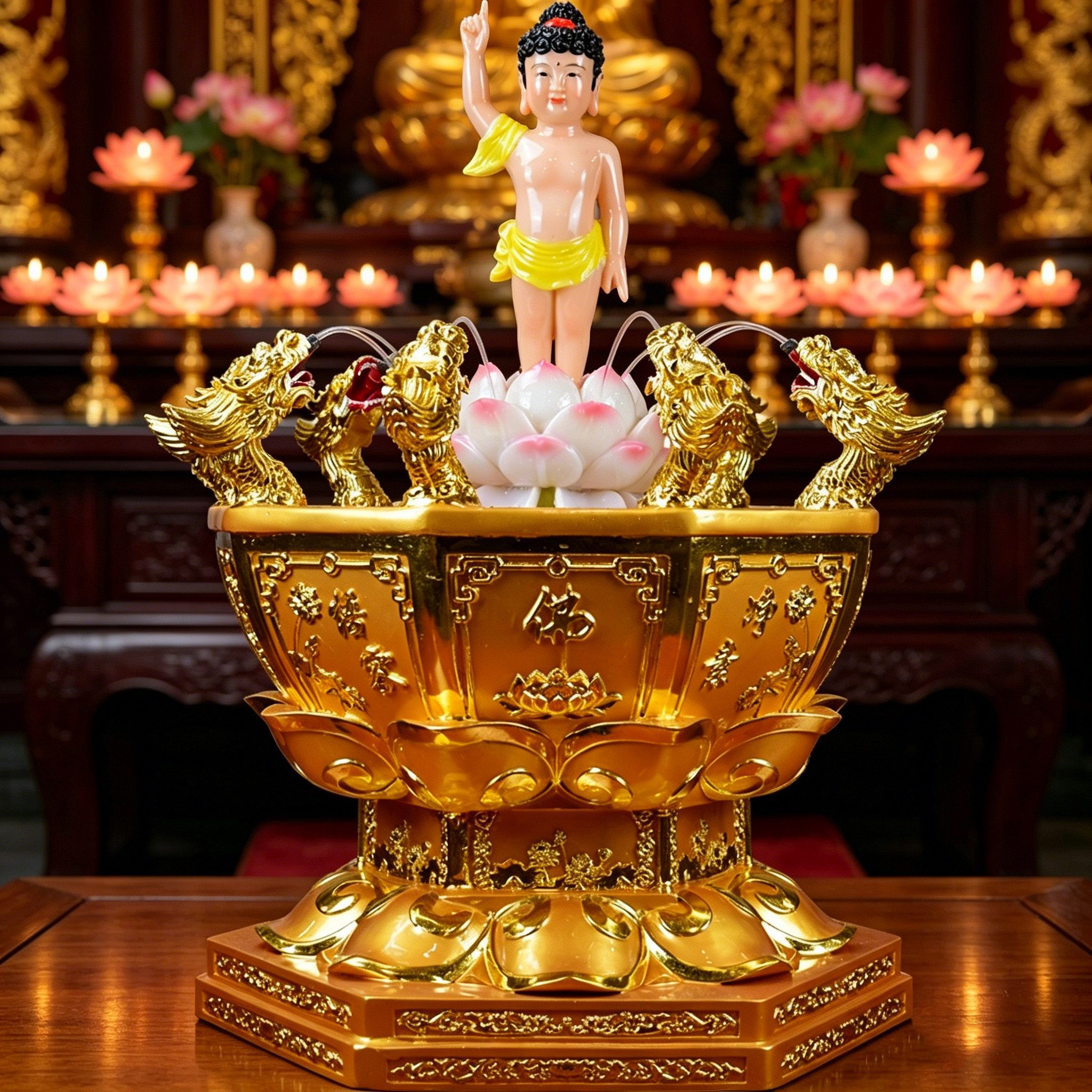 汉白玉浴佛节用品九龙浴佛盆吐水