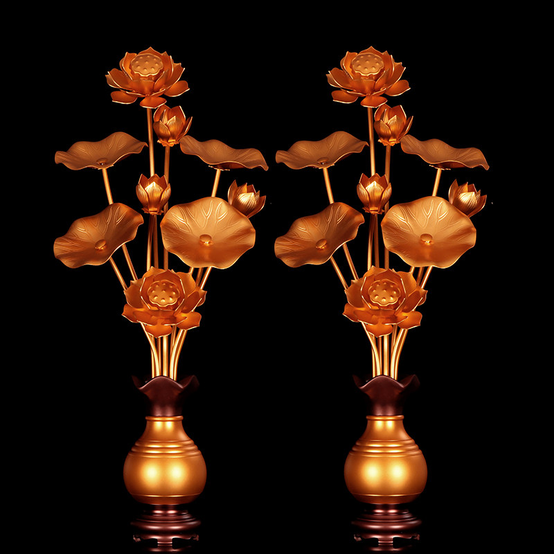 圆通 佛堂供花仿真花束供佛鎏金莲花花瓶一对 佛前常花大号荷花瓶
