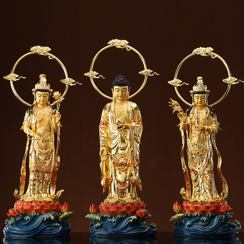 铜彩绘西方三圣铜像供奉中式佛堂