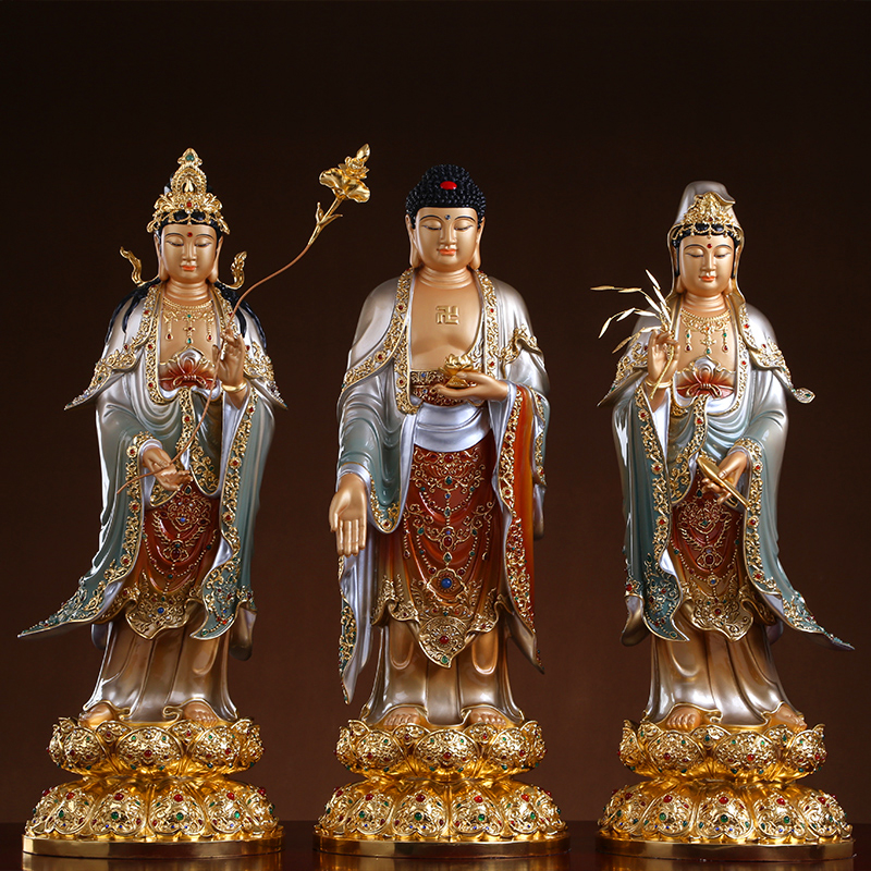 台湾彩绘西方三圣纯铜大号观音站立像居家供奉阿弥陀佛如来佛祖像