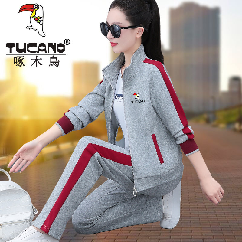 啄木鸟春秋休闲运动套装女2026秋冬新款时尚开衫妈妈跑步服三件套