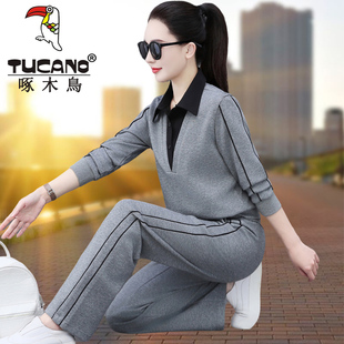 啄木鸟运动套装女士春秋2026新款POLO领假两件卫衣妈妈休闲两件套