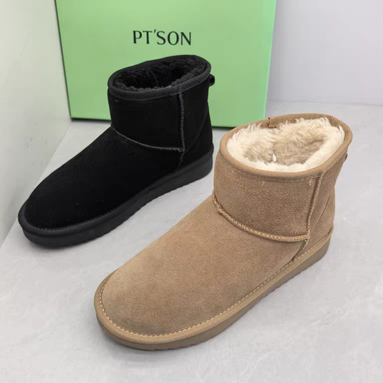 百田森断码撤柜秋冬季真皮加绒保暖女短靴圆头舒适松糕厚底雪地靴