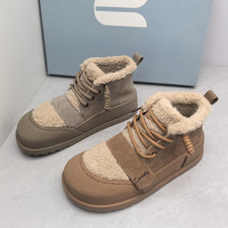 Comely康莉撤柜冬季真皮羊毛保暖女雪地靴厚底防滑系带皮带扣短靴