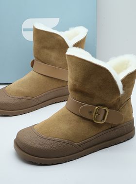 Comely康莉撤柜冬季真皮羊毛保暖女雪地靴厚底防滑套筒皮带扣短靴