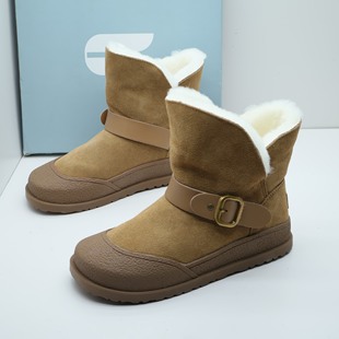 Comely康莉撤柜冬季真皮羊毛保暖女雪地靴厚底防滑套筒皮带扣短靴