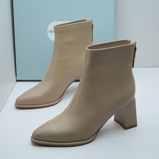 Comely康莉撤柜断码秋季真皮时装靴尖头粗高跟后拉链短靴女瘦瘦靴
