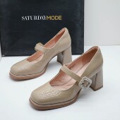 真皮圆头一字带玛丽珍粗高跟通勤女单鞋 SATURDAYMODE断码 撤柜秋季