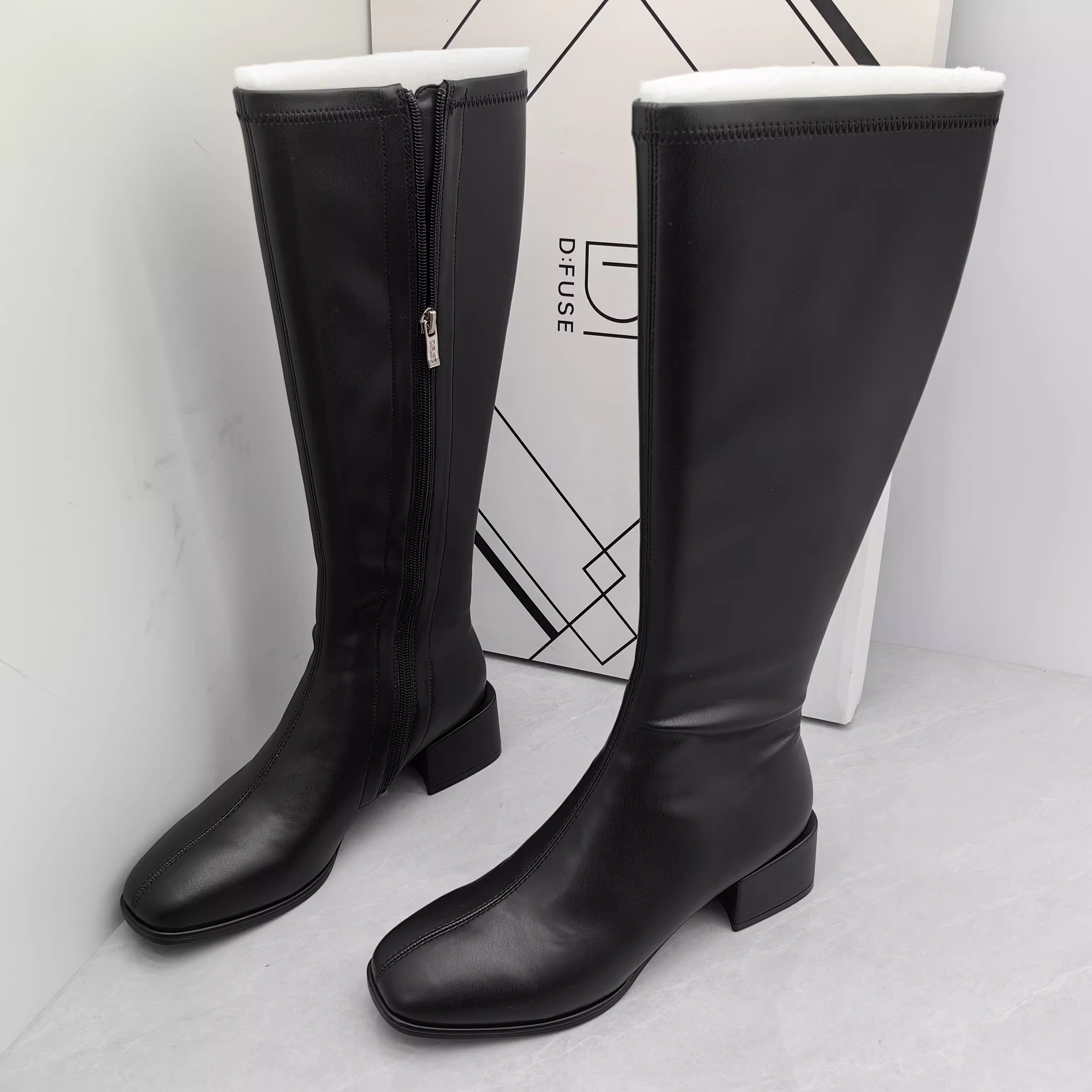 DFuse迪芙斯断码撤柜秋方头粗跟骑士靴长靴英伦风侧拉链弹力靴女