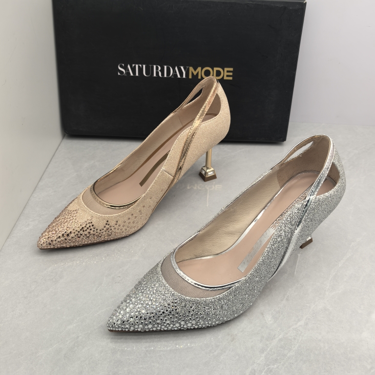 SATURDAYMODE断码撤柜亮片高跟鞋水钻秋季尖头透气细跟仙女风单鞋