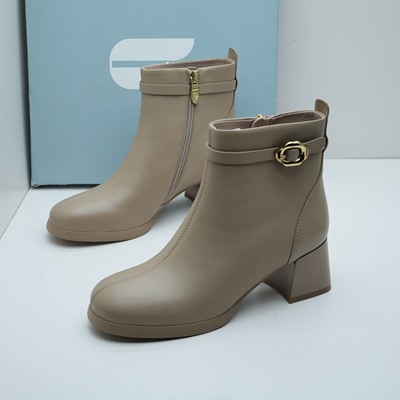 Comely康莉撤柜断码秋季羊皮时装靴圆头粗高跟侧拉链短靴女瘦瘦靴