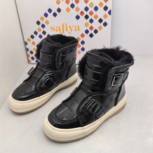 Safiya/索菲娅撤柜断码冬真皮休闲羊毛保暖女雪地靴厚底套筒短靴