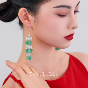 Two.L.Liu东方绮梦系列绿色流苏耳环女玉绿色民族风原创气质耳饰